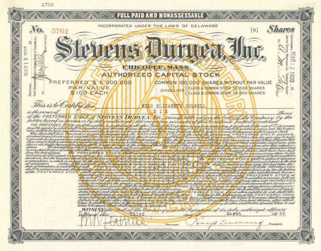 Stevens Duryea, Inc. - 1920-22 dated Chicopee, Massachusetts Automotive Stock Certificate