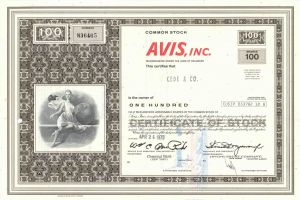 Avis, Inc - 1970's dated Car Rental Company Stock Certificate - Owner of Zipcar and Budget Rental - Wrinkling in the Paper