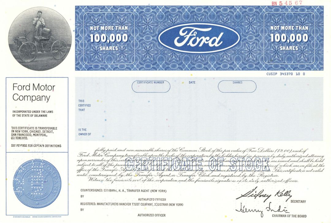 Ford Motor Company - 1979 dated Specimen Stock Certificate