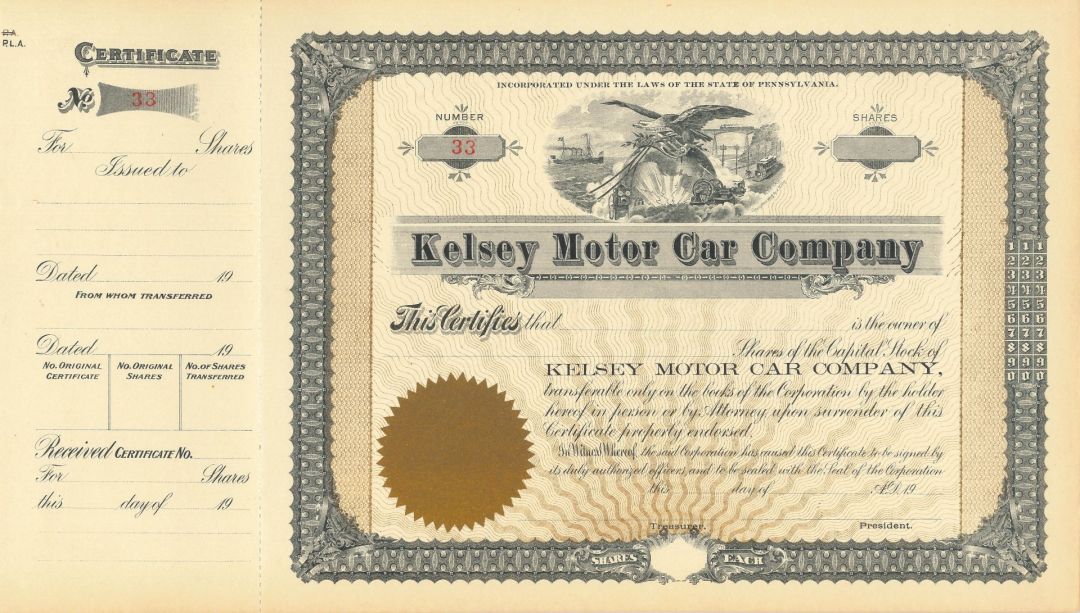 Kelsey Motor Car Co - Stock Certificate