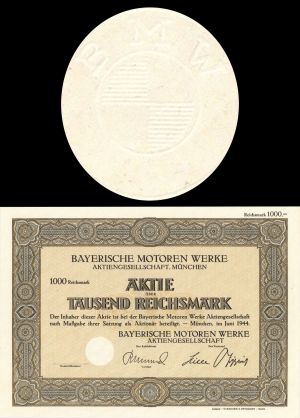 BMW - Bayerische Motoren Werke - 1944 dated Stock Certificate (Unissued)