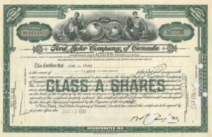 Ford Motor Co. of Canada, Ltd - 1931 dated Automotive Stock Certificate - 30 Share Green Type