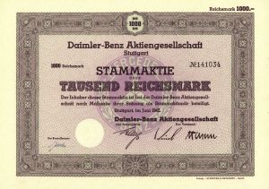 Daimler-Benz Akitengesellschaft Stuttgart - German Automotive Stock Certificate - Famous Car Company