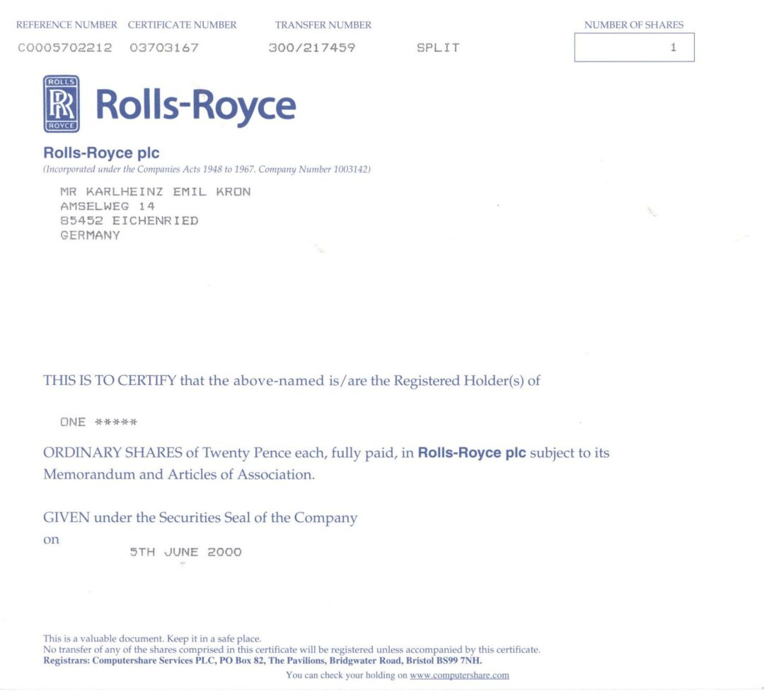 Rolls-Royce plc - Automotive Stock Certificate