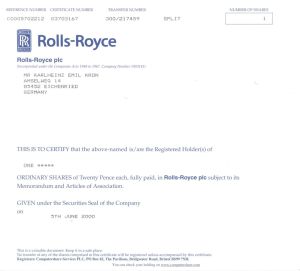 Rolls-Royce plc - Automotive Stock Certificate