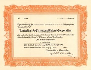 Lundelius and Eccleston Motors Corporation - Signed by L. R. Eccleston - 1929 dated Automotive Stock Certificate