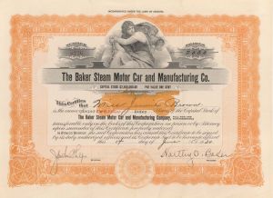 Baker Steam Motor Car and Manufacturing Co. - 1920 dated Stock Certificate