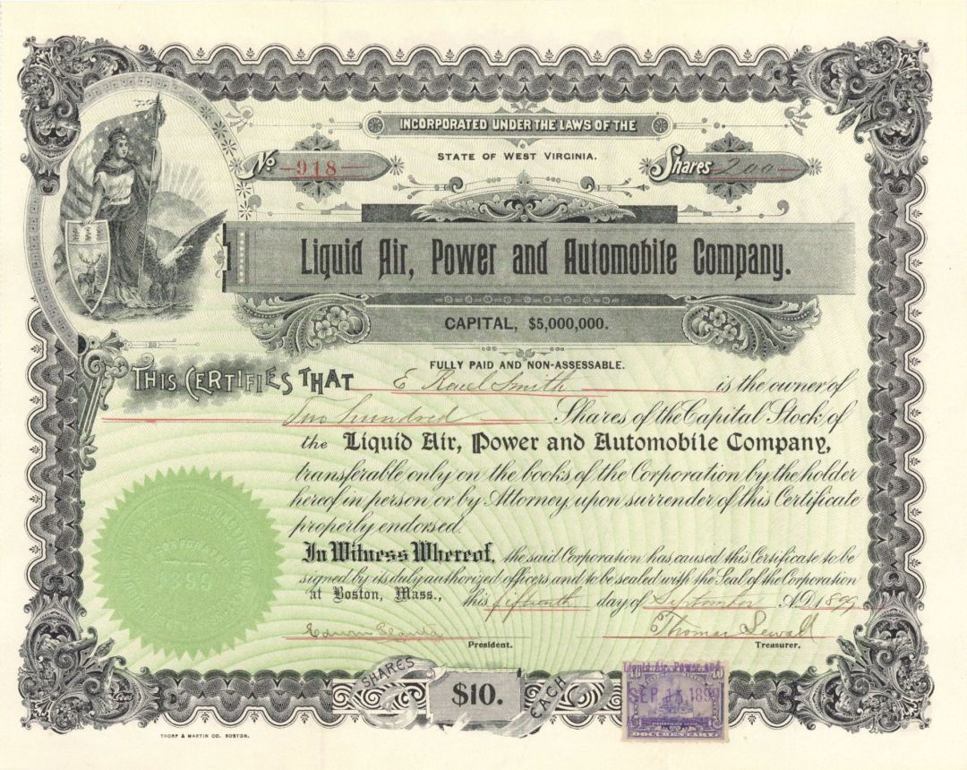 Liquid Air, Power and Automobile Co. - 1899 dated Automotive Stock Certificates