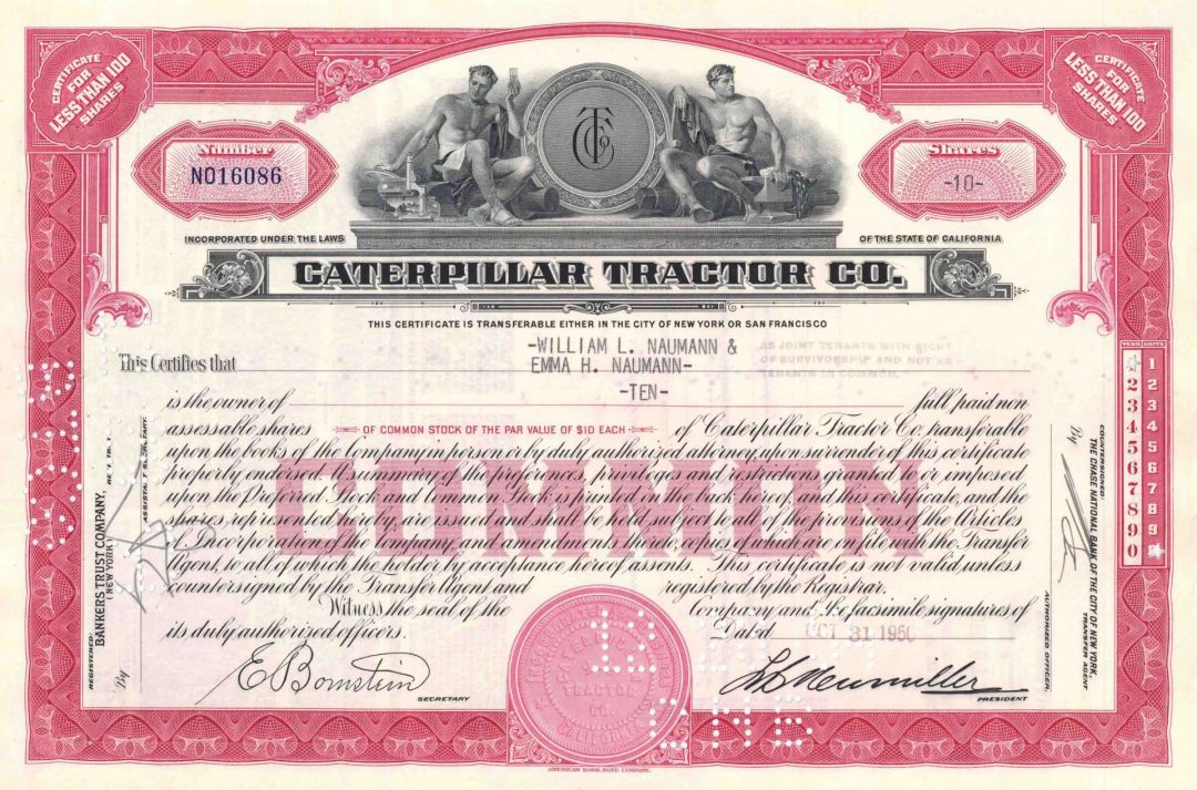 Caterpillar Tractor Co. - 1940's-50's dated Construction Equipment Stock Certificate