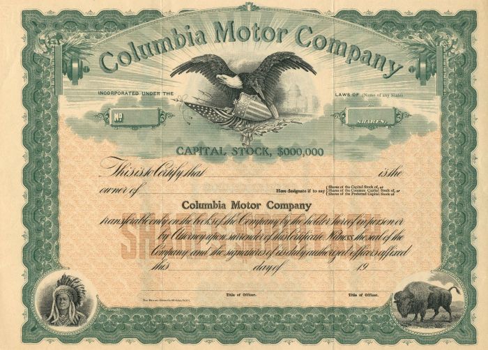 Columbia Motor Co. - Stock Certificate