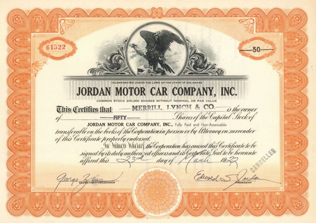 Jordan Motor Car Company, Inc. - Stock Certificate