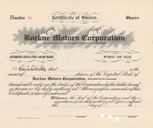 Rockne Motors Corp. - Named after Knute Rockne - Automotive Stock Certificate
