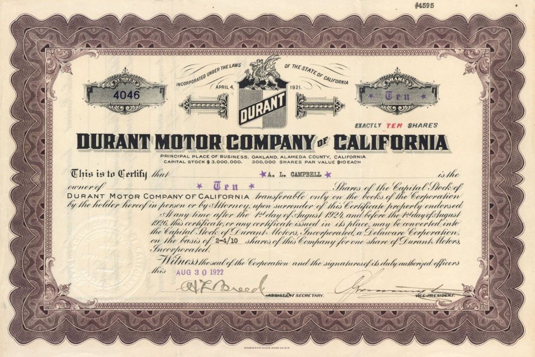 Durant Motor Company of California - 1922 dated Stock Certificate