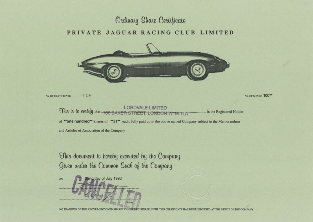 Private Jaguar Racing Club Ltd. - 1993 dated Stock Certificate