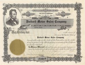 Packard Motor Sales Co. - Unissued Stock Certificate