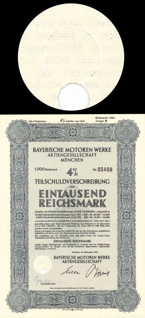 Bayerische Motoren Werke Aktiengesellschaft, Munchen (BMW) - 1943 dated 1,000 Reichsmark Bond
