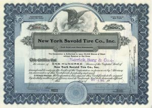 New York Savold Tire Co., Inc. - 1919 dated Stock Certificate