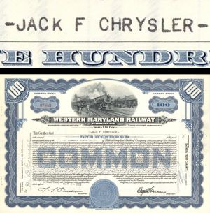 Western Maryland Railway Co. Issued to Jack F Chrysler - 1951 dated Stock Certificate