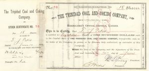 Trinidad Coal and Coking Co. - 1881-82 dated Stock Certificate - Branch Company of the Atchison Topeka Santa Fe Railway