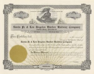 Santa Fe and Los Angeles Harbor Railway Co. - circa 1920's Railroad Stock Certificate - Branch Line of the Atchison Topeka Santa Fe Railway