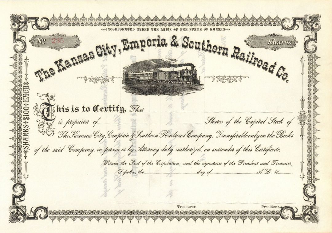 Kansas City, Emporia and Southern Railroad Co. -  Stock Certificate - Branch Line of the Atchison Topeka Santa Fe Railway