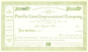 Pacific Land Improvement Co. - circa 1880's Unissued Los Angeles, California Stock Certificate - Part of the Atchison, Topeka and Santa Fe Railroad System