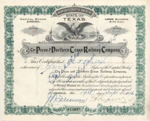 Pecos and Northern Texas Railway Co. - 1916 dated Stock Certificate - Branch Line of the Atchison, Topeka and Santa Fe Railway