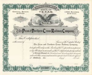 Pecos and Northern Texas Railway Co. - Unissued Stock Certificate - Branch Line of the Atchison, Topeka and Santa Fe Railway