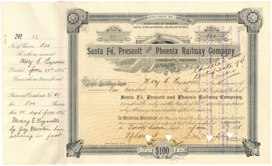 Santa Fe, Prescott and Phoenix Railway Co. - 1898 dated Railroad Stock Certificate - Part of the Atchison, Topeka and Santa Fe System