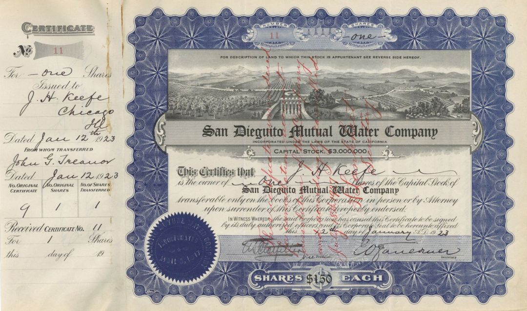 San Dieguito Mutual Water Co. - 1917 dated California Water Co. Stock Certificate - Part of the Atchison Topeka Santa Fe Railway