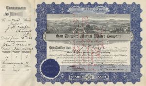 San Dieguito Mutual Water Co. - 1917 dated California Water Co. Stock Certificate - Part of the Atchison Topeka Santa Fe Railway