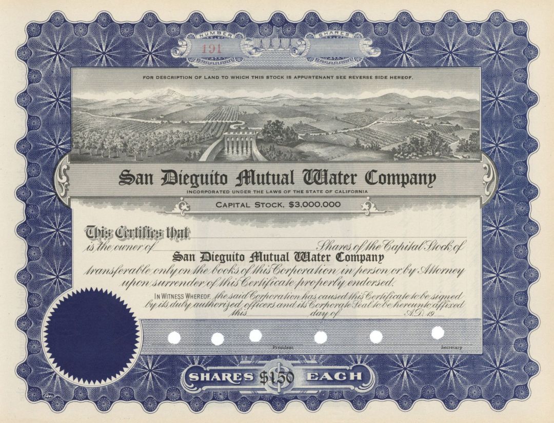 San Dieguito Mutual Water Co. - Water Company Stock Certificate - Part of the Atchison, Topeka and Santa Fe Railway System
