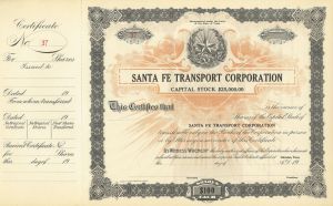 Santa Fe Transport Corporation - Galveston, Texas Company Unissued Stock Certificate - Part of the Atchison, Topeka and Santa Fe Railway System