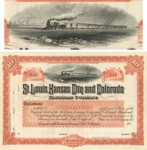 St. Louis, Kansas City and Colorado Railroad Co. - Available in Orange, Red or Green - Unissued Railway Stock Certificate - Branch Line of the Atchison Topeka Santa Fe Railway