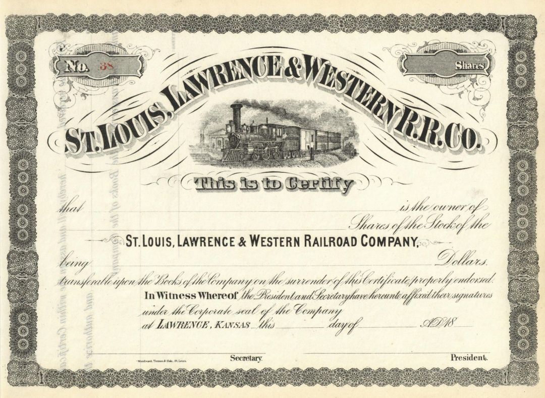 St. Louis, Lawrence and Western Railroad Co. - Unissued Railway Stock Certificate - Kansas and Missouri