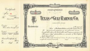 Texas and Gulf Railway Co. - Longview, Texas - 1900's dated Unissued Railroad Stock Certificate - Branch Line of the Atchison Topeka Santa Fe Railway