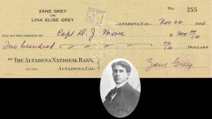 Altadena National Bank Check signed by Zane Grey - 1930 dated Autograph Check