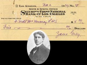 Security-First National Bank of Los Angeles Check signed by Zane Grey - 1934 dated Autograph Check