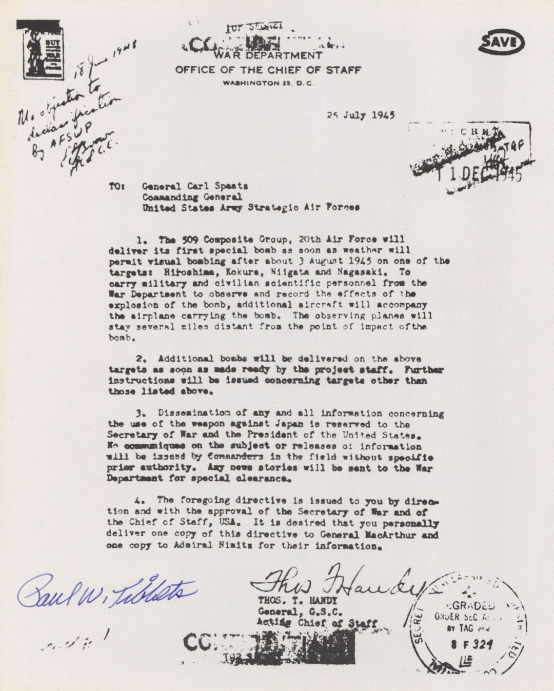 Gen. Paul Tibbets War Department Letter - Autograph