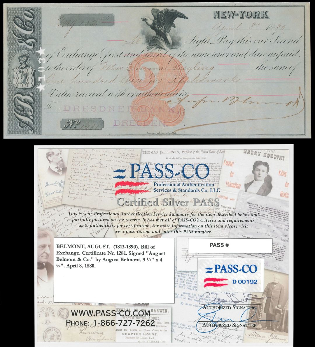 August Belmont Signed German Check - with PASS-CO Authenticayion