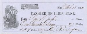 Ilion Bank check signed by E. Remington II or Jr. - Founder of Remington and Sons - 1852-1856 dated Autograph