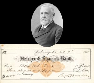 Fletcher and Sharpe's Bank Check signed by Benjamin Harrison - 1875 dated Autograph