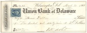 Union Bank of Delaware Check signed by Victor du Pont - 1865 dated Autograph