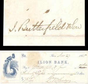 Ilion Bank Check issued to J. Butterfield and Son - 1865 dated Check