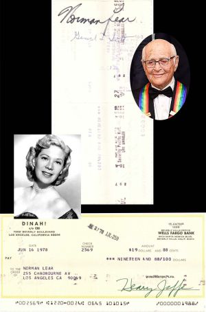Dinah Shore Check issued to and endorsed by Norman Lear - 1978 dated Autographed Check