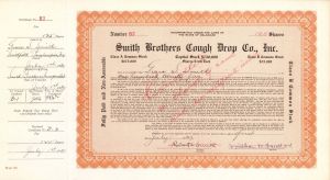 Smith Brothers Cough Drop Co., Inc. Issued to Grace S. Smith and signed by Robert L. and William W. Smith - 1937 dated Autograph Stock Certificate