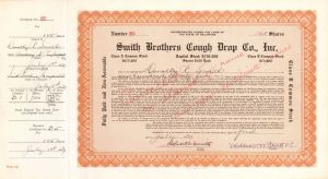 Smith Brothers Cough Drop Co. Inc. signed by Robert L. Smith and William W. Smith - 1937 dated Autograph Stock Certificate