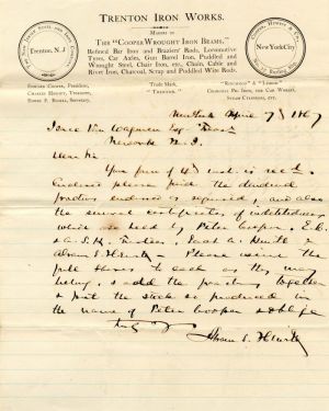 Trenton Iron Works Letter "Order for Dividends for Peter Cooper"