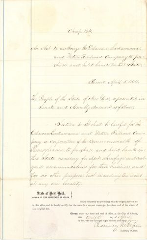 Document signed by Chauncey M. Depew - 1864 dated Autograph