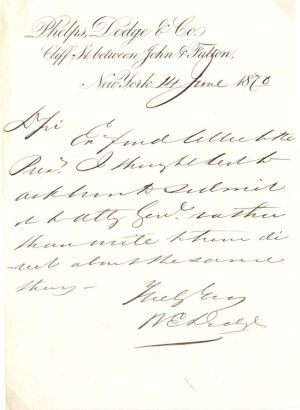 William Earl Dodge signed letter - 1870 dated Autograph